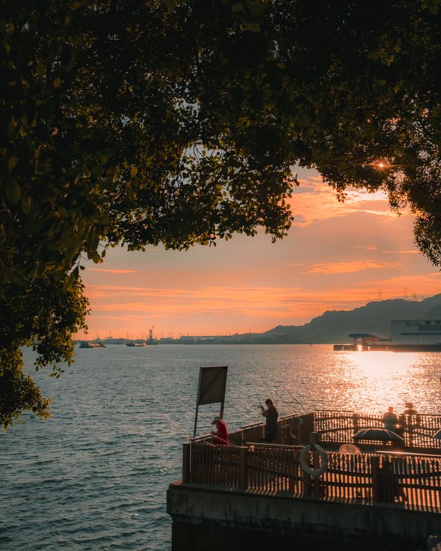 Sunset light reflecting across the water at the Hong Kong waterfront.