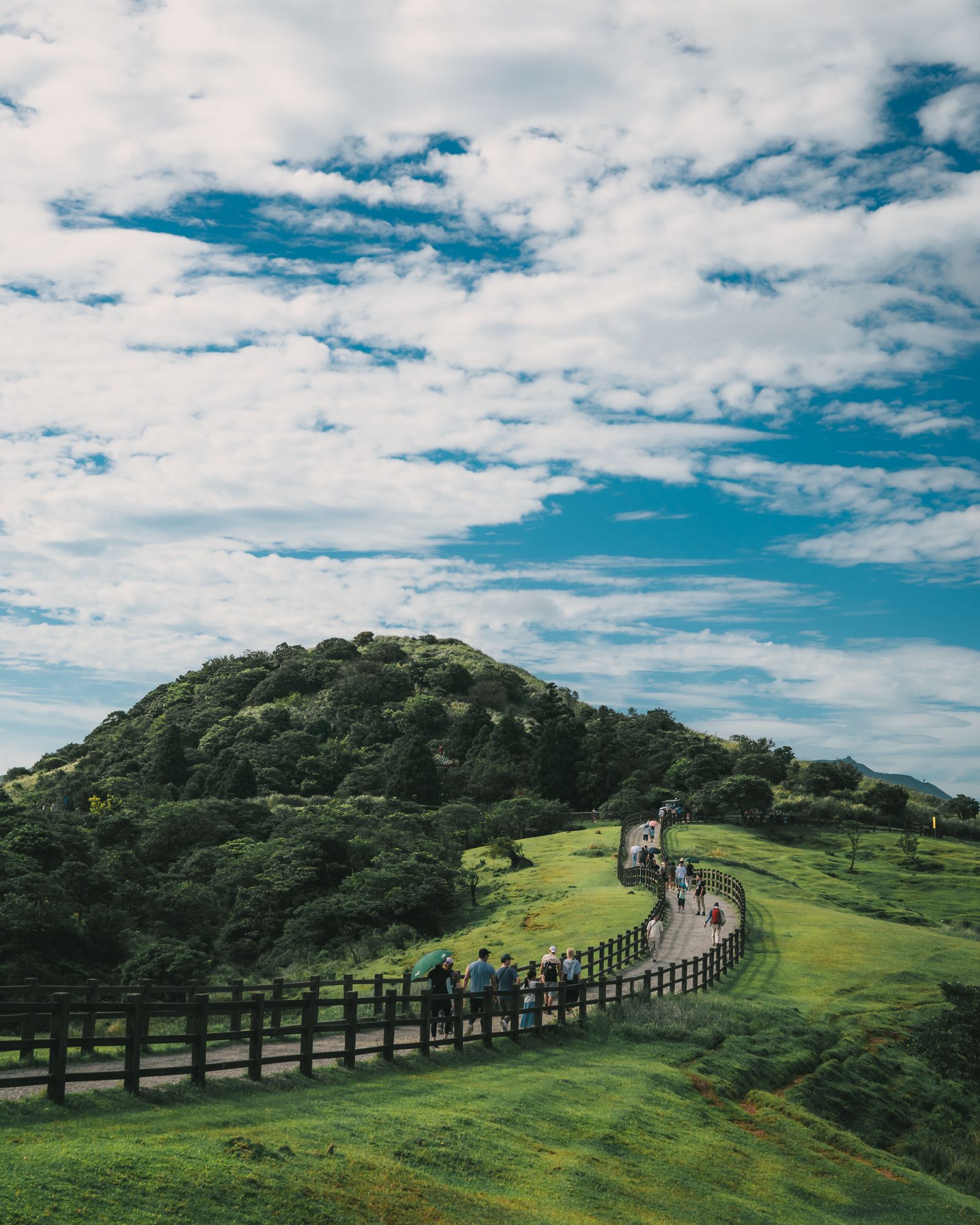 A path leading through green countryside.