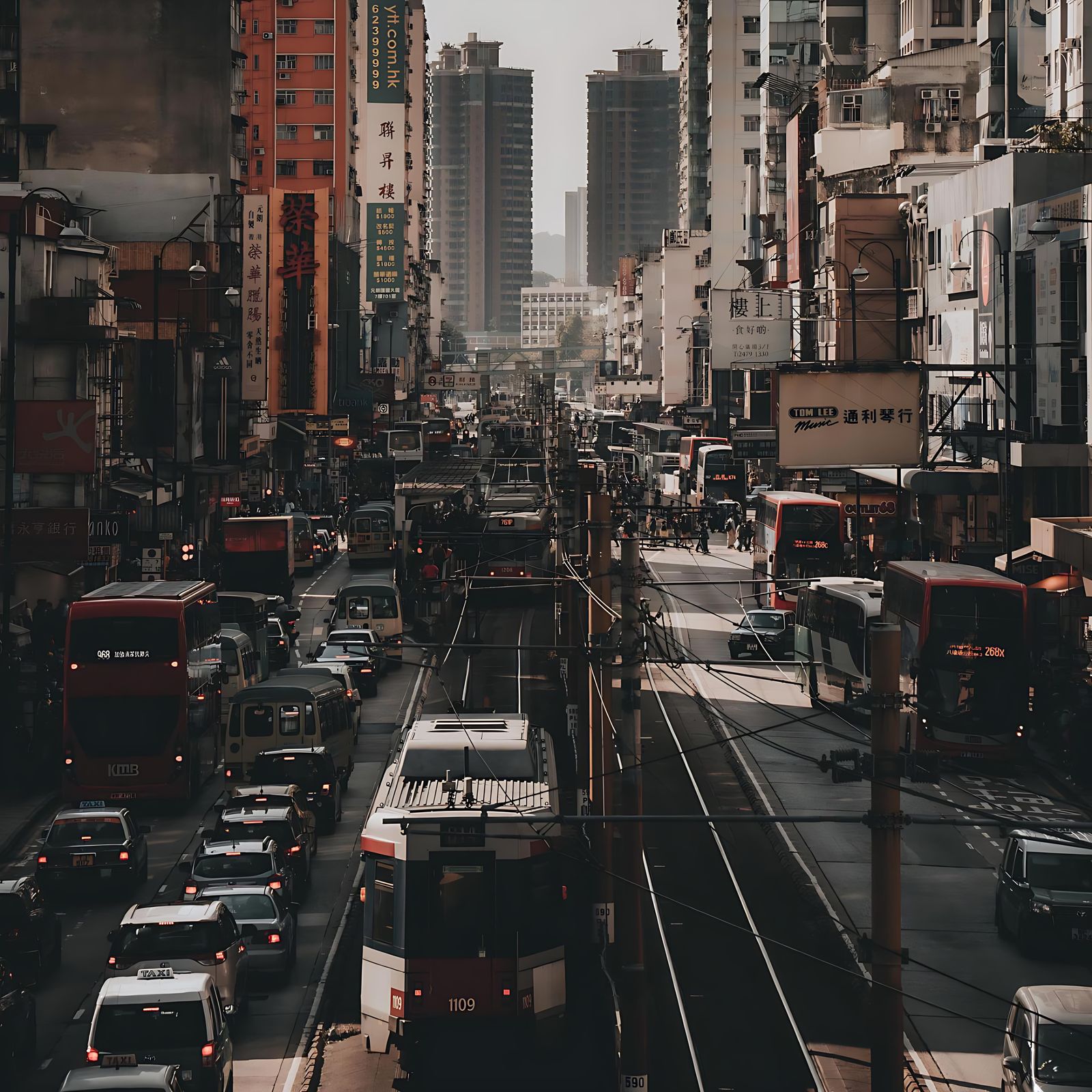 A Hong Kong tram and dense traffic moving through a canyon of buildings in warm late-afternoon light.